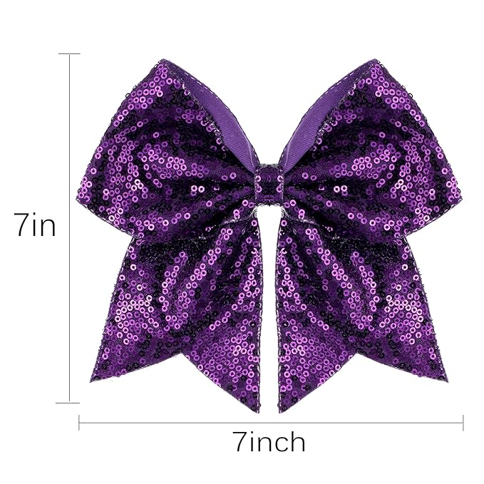 Large Glitter Cheer Bows Clips, Jumbo Big 7 Inch Cheerleading Sequin Hair Bow Hair Accessories for Teens Girls Football Sports Cheerleader Outfit Uniform (Dark Purple)