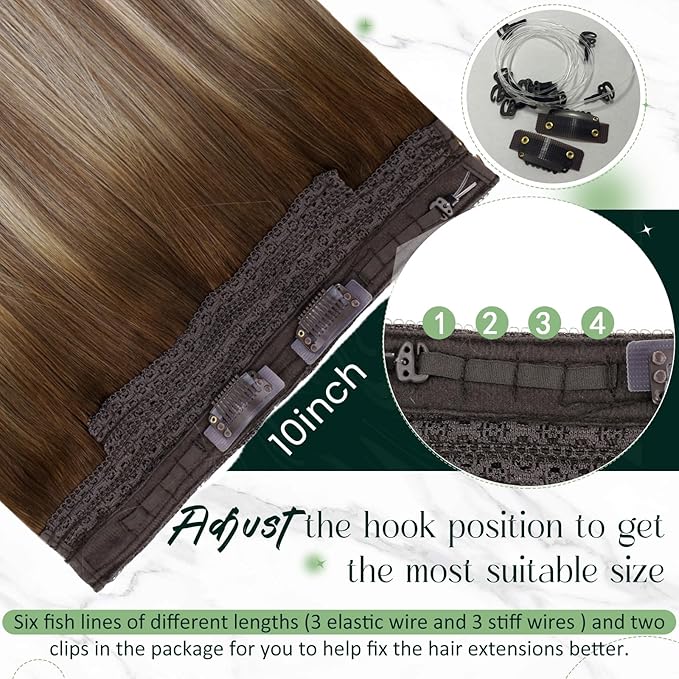 RUNATURE Wire Hair Extensions Real Human Hair 18 Inch, 80g One Piece, Invisible Wire Hair Extensions Brown Balayage, Long Hair Extension for Women, Add Hair Thickness #3/8/22 Brown Ombre Blonde