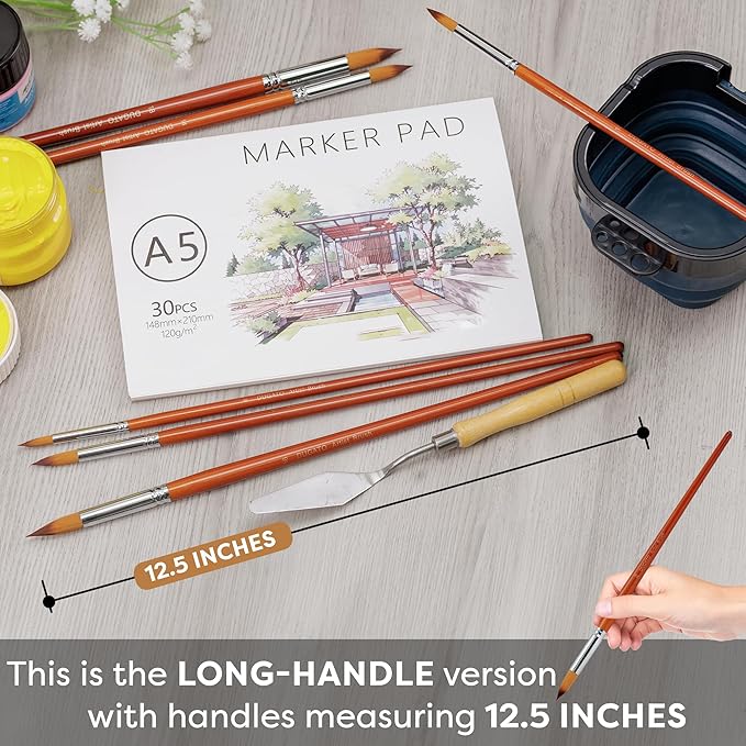 DUGATO Professional Artist Round Paint Brush Set (13pc) - Long Handle Round Pointed Tip, Anti-Shedding Nylon for Watercolor, Acrylic, Oil, Gouache, Ink & Tempera