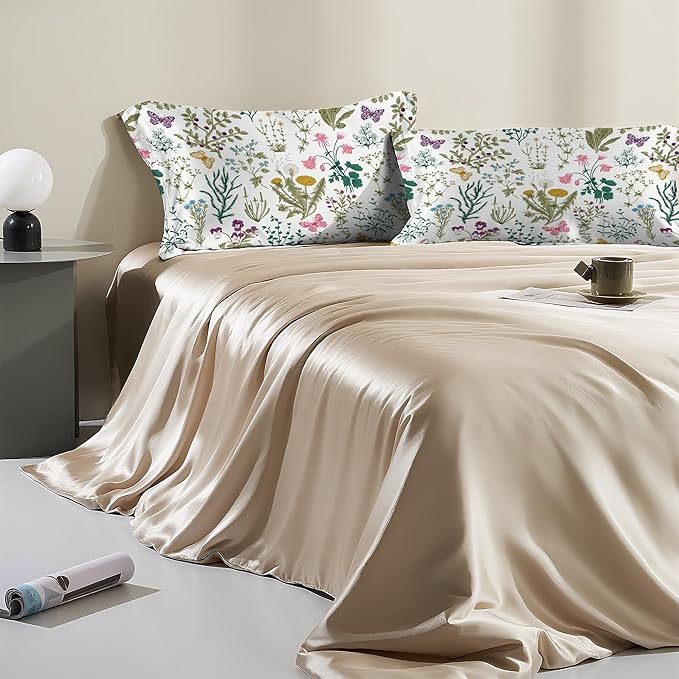 Leaves Herbs and Wildflowers Satin Pillow Case Queen Size,Soft Pillowcases for Hair and Skin Similar to Silk,Pillowcases with Hidden Zipper Bedding Accessories,20X30 Inches,1 Pack
