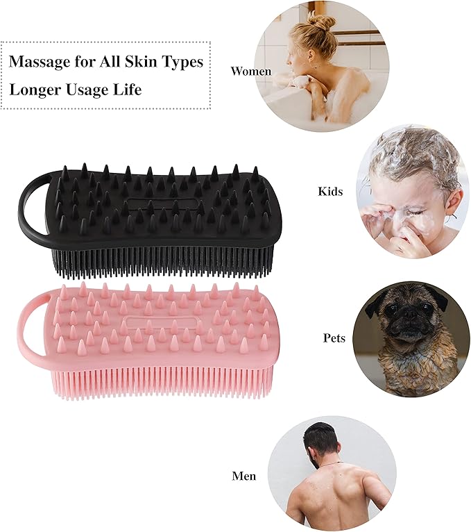 2 PC Silicone Body Scrubber, 2 in 1 Exfoliating Shower Bath Scrubber, Soft Silicone Loofah for Sensitive Skin, Shower Hair Scalp Massager, Easy to Clean, Lather Well (Black&Pink)
