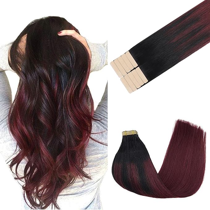 GOO GOO Tape in Hair Extensions Human Hair, 1/99 Balayage Jet Black to Red, 24inch 30g 10pcs, Skin Weft Seamless Invisible, Silky Straight with Thick Ends, Remy Human Hair