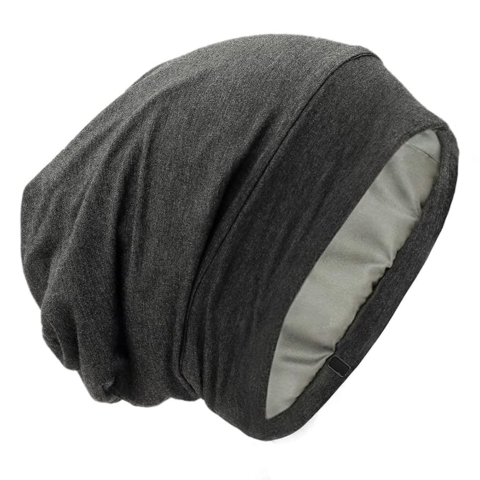Silk Satin Lined Bonnet Sleep Cap - Adjustable Stay on All Night Hair Wrap Cover Slouchy Beanie for Curly Hair Protection for Women and Men - Solid Dark Grey