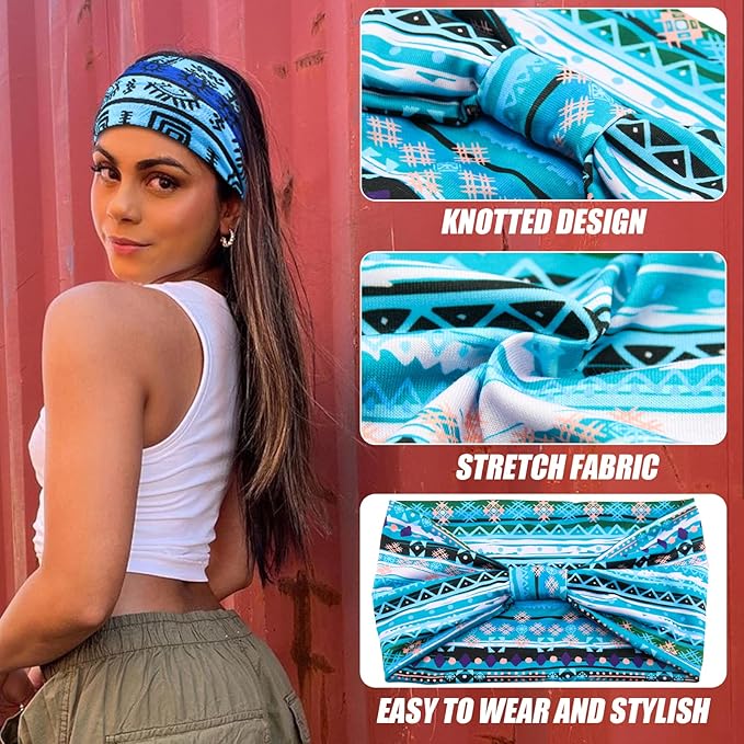 Yeshan Women's Wide Boho Knotted Non-Slip Turban Headwraps - Stretchy Bandeau Hair Bands for Sports, Yoga, Workouts, Pack of 8