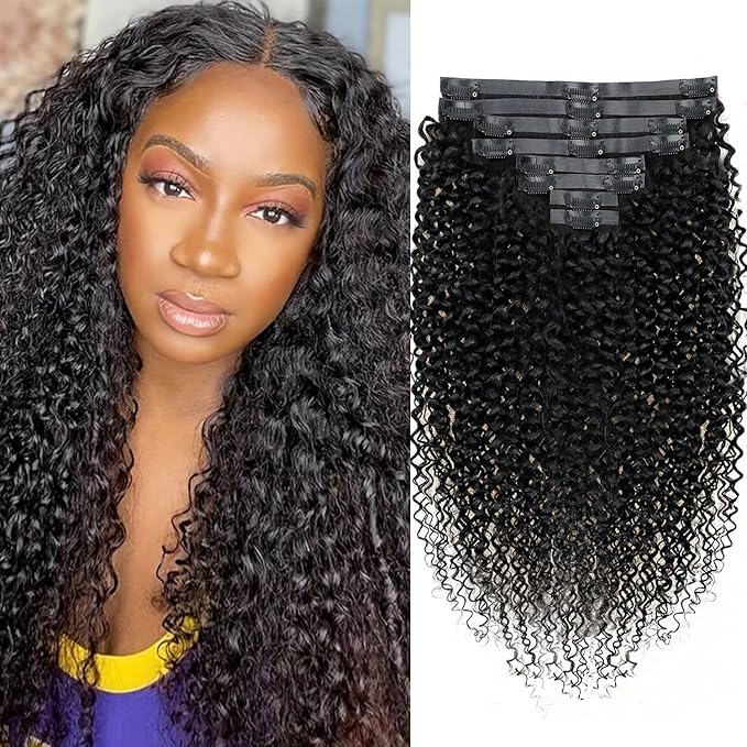 24 Inch Seamless Kinky Curly Clip Ins for Women Kinky Curly Clip on Extension Human Hair Brazilian Remy Human Hair Extensions Natural Black Clip ins 8 Pcs with 18 Clips 120g/Set