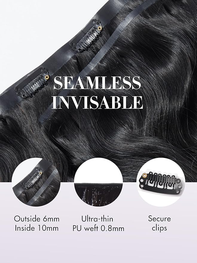 LUVME Hair Extensions Real Human Hair, Natural Black 135g 7pcs 20 Inch, Seamless Clip in Hair Extensions Human Hair Clip ins Body Wavy Hair