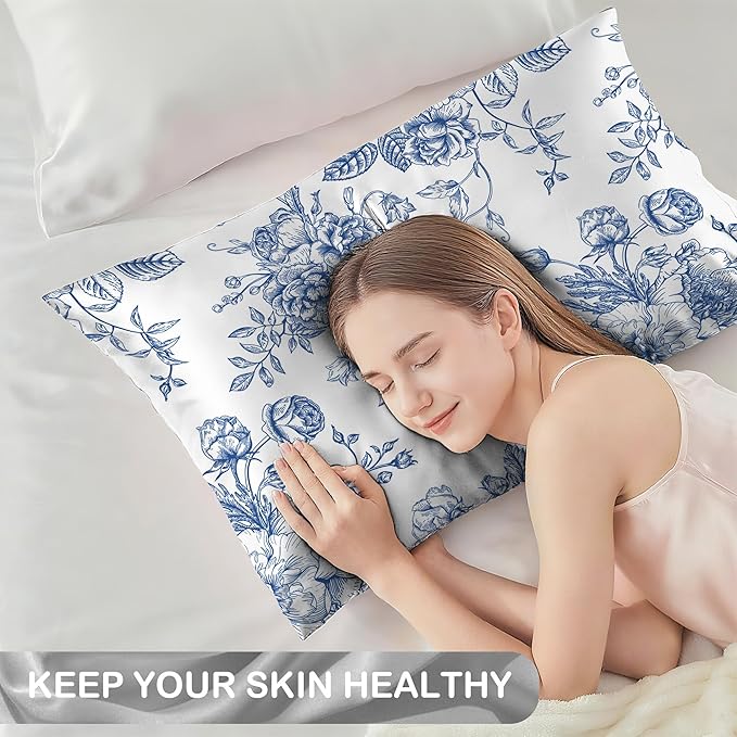 Blue Flowers Peonies Roses Satin Pillow Case Queen Size,Soft Pillowcases for Hair and Skin Similar to Silk,Pillowcases with Hidden Zipper Bedding Accessories,20X30 Inches,1 Pack