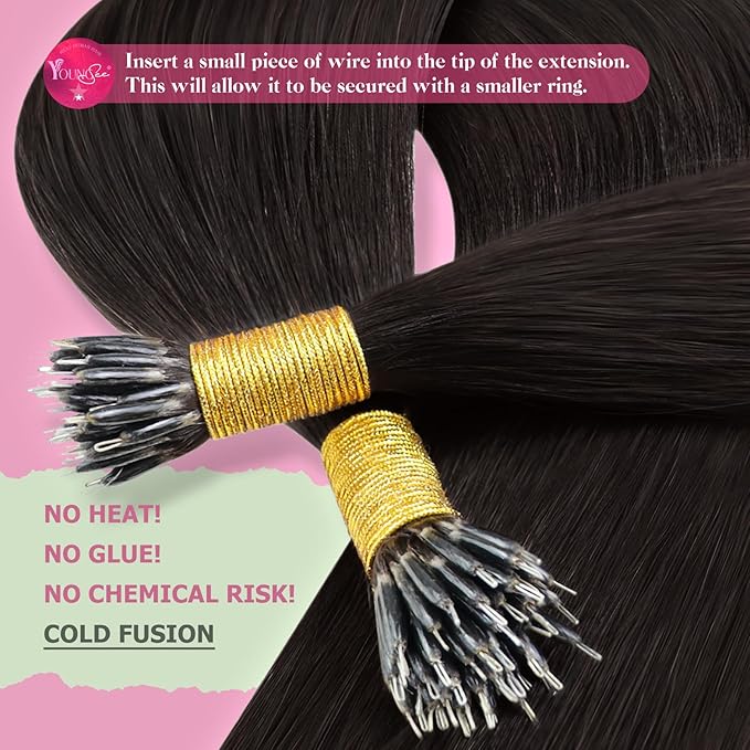 YoungSee Nano Ring Hair Extensions Dark Brown Nano Bead Hair Extensions Real Human Hair Brown Nano-Tip Hair Extensions Human Hair 22 Inch Nano-Link Hair Extension for Long Hair 50s 50g