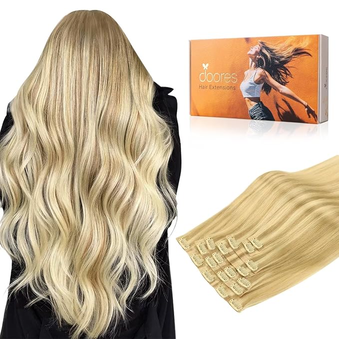 DOORES Seamless Clip in Hair Extensions Real Human Hair, DirtyBlonde Highlight Golden Blonde 20 Inch 110g 7pcs, Human Hair Extensions Seamless Clip in Invisi Edge Hair Extensions Straight Hair