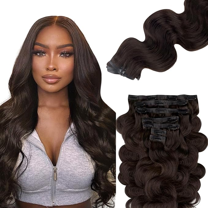 Lashey Seamless Clip in Hair Extensions Human Hair #2 Dark Brown Body Wave Clip in, Real Human Hair 7pcs 110g 24 Inch PU Weft Natural for Women