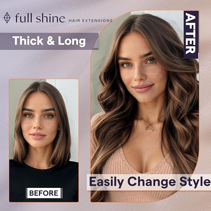 Full Shine Balayage Tape in Hair Extensions Color 4/24/4 Brown And Blonde Tape in Weft Hair Extensions Human Hair 18Inch Long Tape Double Weft 50G for Daily Office Look Natural One Piece