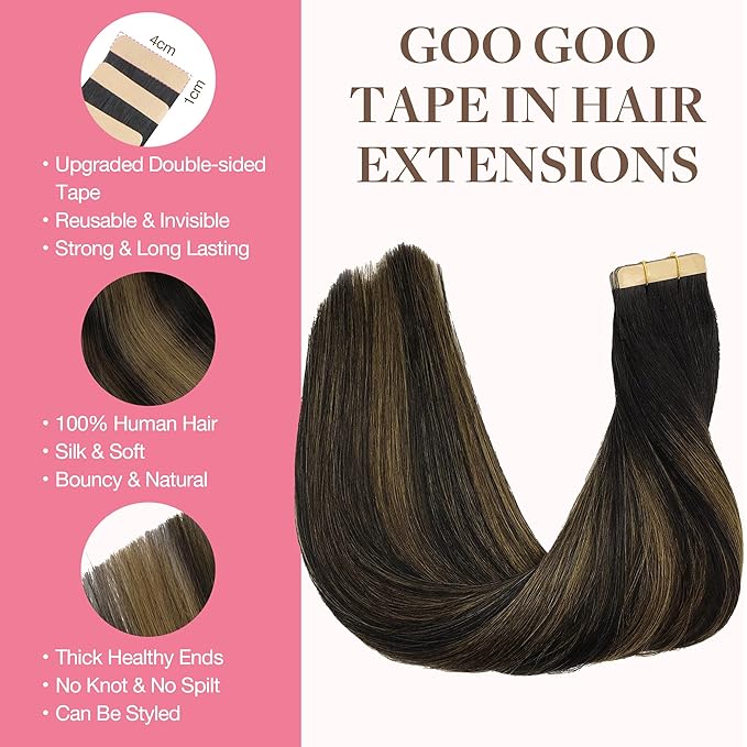 GOO GOO Tape in Hair Extensions Human Hair, 1B/6/1B Balayage Natural Black to Chestnut Brown, 20inch 50g 20pcs, Skin Weft Seamless Invisible, Silky Straight with Thick Ends, Remy Human Hair