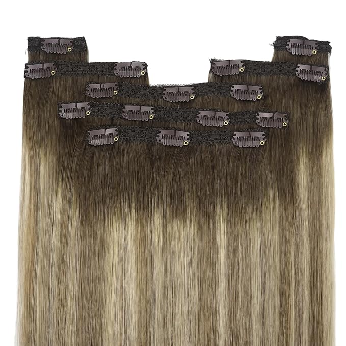 YoungSee 150G Clip in Human Hair Extensions Brown Clip on Hair Extensions for Women Walnut Brown Ombre Light with Blonde Clip in Hair Extension Real Human Hair 22inch 7pcs