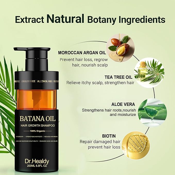 Dr.Healdy Batana Oil Shampoo for Hair Growth, Against Hair Loss & Moisturizes, Reduces Breakage - Sulfate Free Formula for All Hair Types (6.8 Fl Oz)