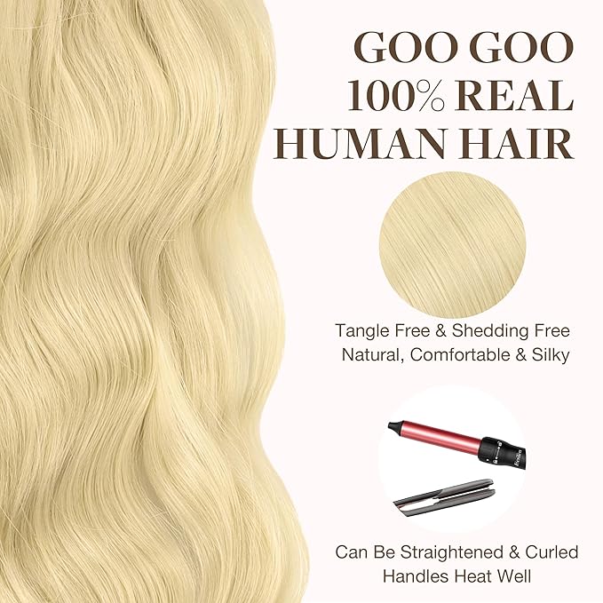 GOO GOO Tape in Hair Extensions Human Hair, 613R Bleach Blonde, 24inch 50g 20pcs, Skin Weft Seamless Invisible, Silky Straight with Thick Ends, Remy Human Hair