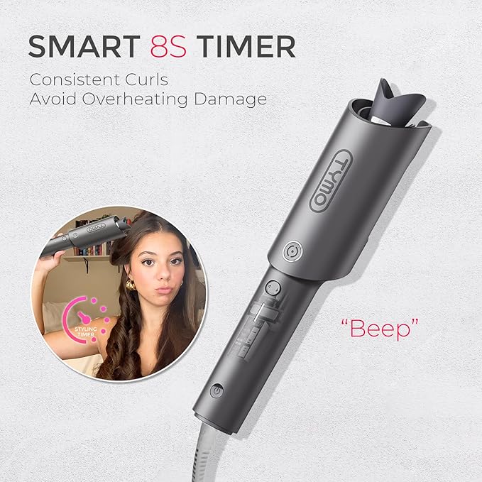 TYMO Automatic Rotating Curling Iron - TYMO CURLPRO Beach Waves Curling Wand, Portable Hair Curler, 500 Million Ionic, Dual Voltage & Lightweight for Travel, Ceramic Coating, 1 Inch, Metallic Gray