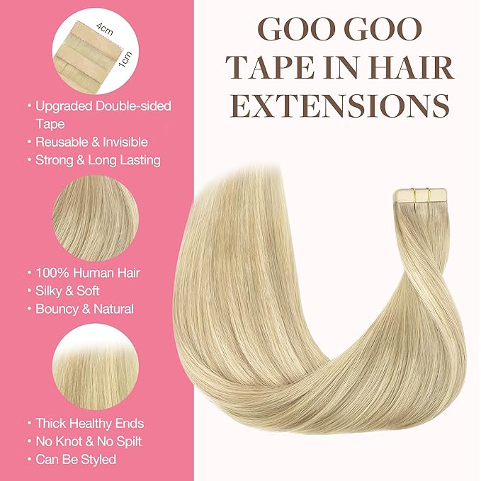 GOO GOO Tape in Hair Extensions Human Hair, 18ET90A Natural Blonde Balayage, 26inch 60g 20pcs, Skin Weft Seamless Invisible, Silky Straight with Thick Ends, Remy Human Hair