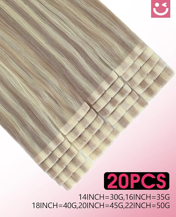 Youngsmile Injection Tape in Hair Extensions Human Hair #18P613 Ash Blonde with Bleach Blonde Real Human Hair 20pcs 30g 14 Inch Injected Tape in Hair Extensions Seamless Tape ins (#18P613,14'')