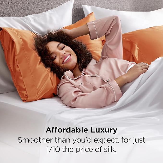 Bedsure Satin Pillowcase 2 Pack Similar to Silk Pillow Cases Standard Size, Pillow Case for Sleeping Women with Envelope Closure, Gifts for Women Men, Orange, 20x26 Inches, 2pcs
