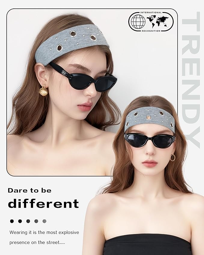 Grommet Headband for Women, Gray Round Studs 23cm Hollow Out Elastic Hair Band, Eyelets Punk Grunge Stylish Hairband