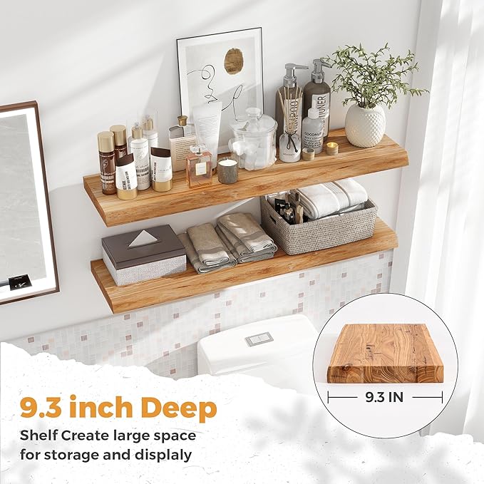 RICHFOCUS Live Edge Elm Floating Shelves - 36" W x 9.3" D Rustic Solid Wood Wall Shelves with Invisible Bracket, Wall-Mounted for Living Room, Bedroom, Kitchen Storage & Display, Set of 2, Natural