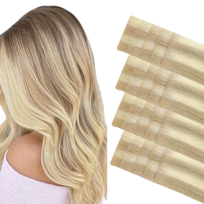 GOO GOO Invisi Edge Tape in Hair Extensions Human Hair, 18A/613A Dark Blonde Highlighted Bleach Blonde 20pcs 10inch 30g, Virgin Remy Hair, Seamless Injected Tape, Natural Look