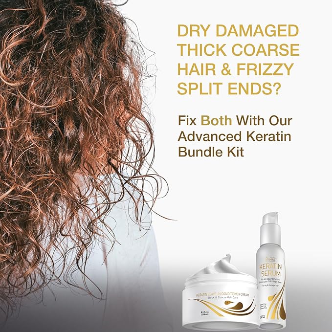 Vitamins Keratin Thick Hair Leave-In Conditioner and Serum Kit - No Rinse Moisturizing Cream and Anti Frizz Gloss Boost for Dry Damaged Curly Wavy and Straight Hair - Pro Salon Hair Care