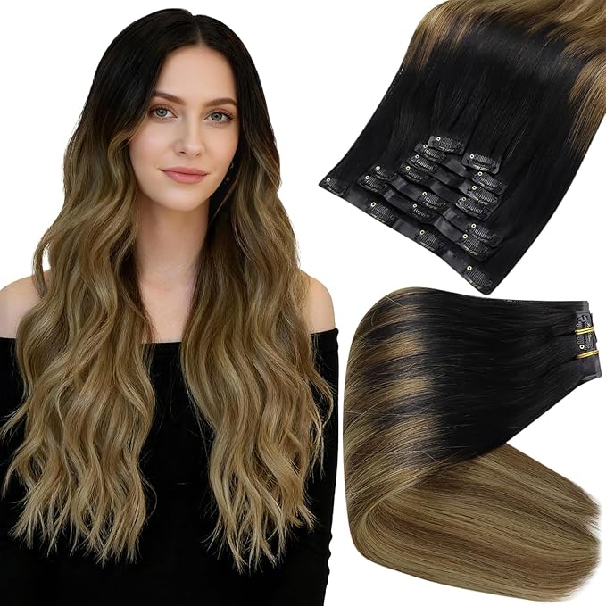 Full Shine Ombre Clip in Hair Extensions Real Human Hair 12 Inch Black to Light Brown with Honey Blonde Seamless Clip ins Invisible Remy Hair Softness 8 PCS 95 G