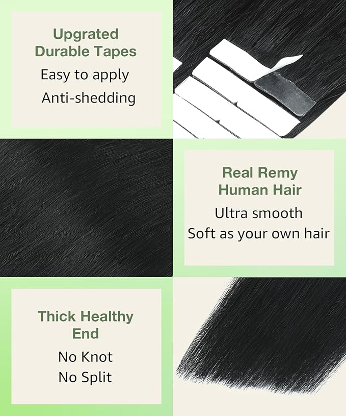 SURNEL Tape in Hair Extension Human Hair Double Drawn Tape Hair Extensions Color 1 Jet Black Remy Tape in Human Hair Extensions 20 inch 20pcs 50g(#1-20)