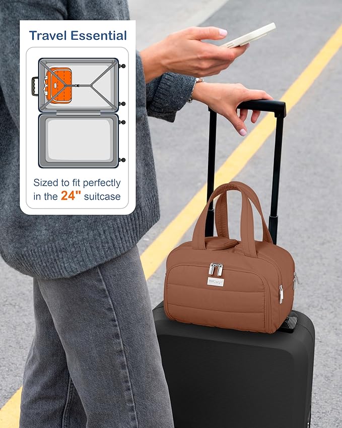 TOPDesign Travel Toiletry Bag for Women, Puffer Large Toiletry Bag, Lightweight Cosmetic Makeup Organizer with Handle for Traveling, Accessories, Essentials, Toiletries (Brown)