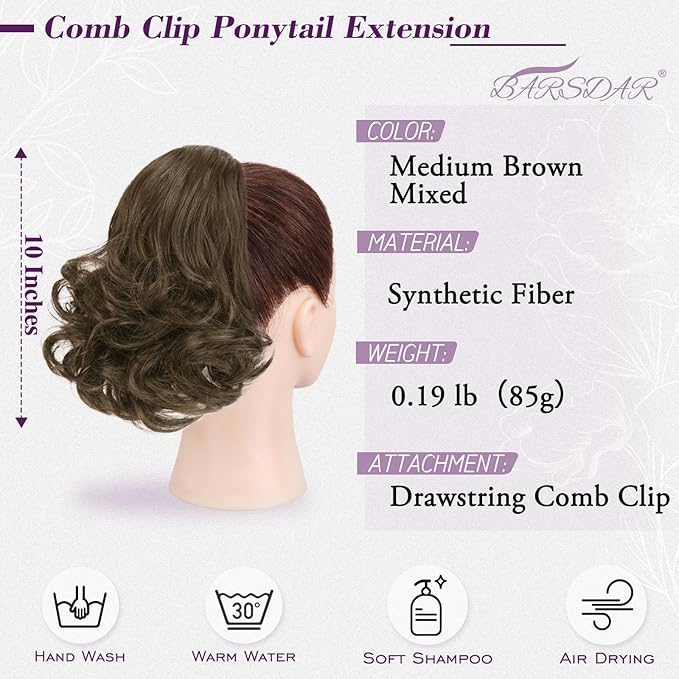 BARSDAR Drawstring Ponytail Extension - 10 Inch Short Wavy Medium Brown Ponytail Extensions for Women - Synthetic Comb Clip in Ponytail Hairpieces Fake Pony Tails Daily - Medium Brown Mixed