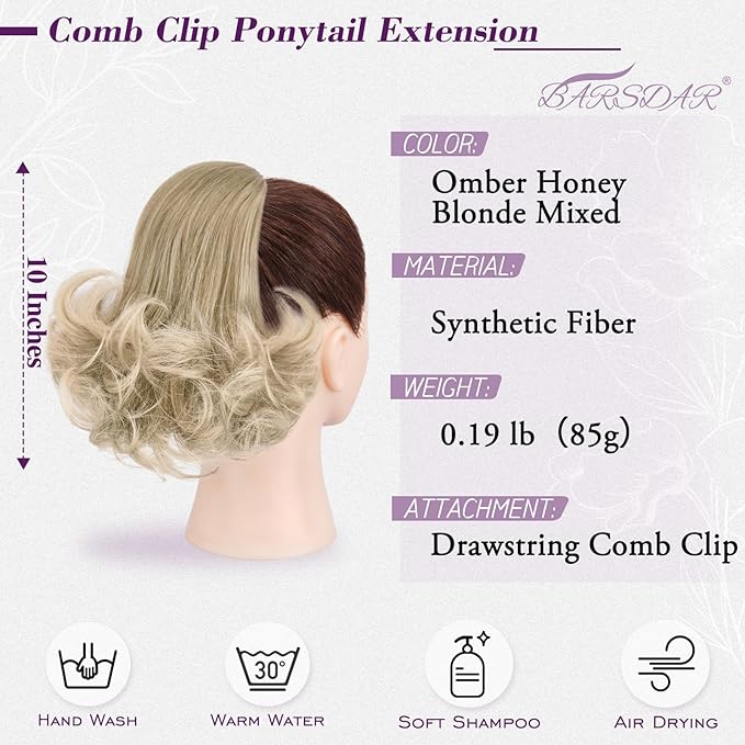 BARSDAR Ombre Blonde Drawstring Ponytail Extensions - 10 Inch Short Wavy Drawstring Comb Clip in Pony Tails Hairpieces for Women - Synthetic Short Wavy Blonde Ombre Ponytail Hair Extensions