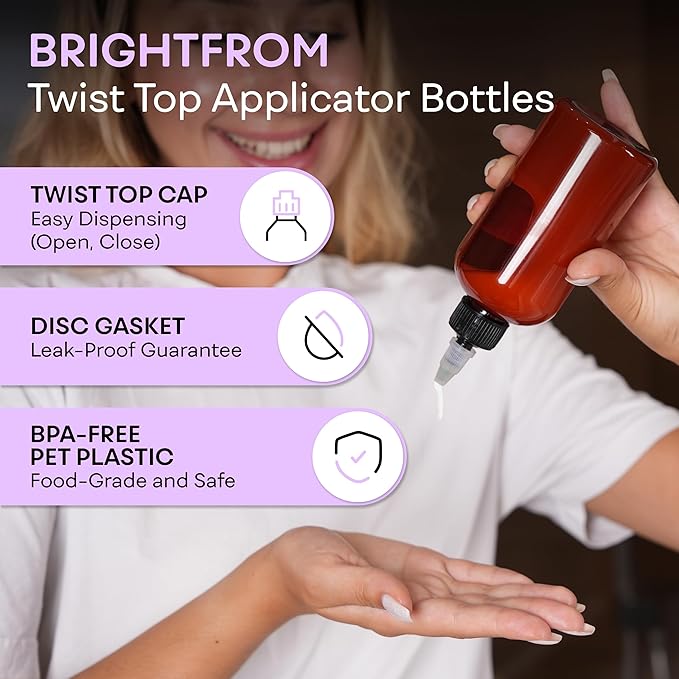 BRIGHTFROM Twist Top Applicator Bottles, 8 OZ Amber, Squeeze Empty Round Plastic Bottles, BPA-Free, PET, Refillable, Open/Close Nozzle (Black) - Multi Purpose (Pack of 2)