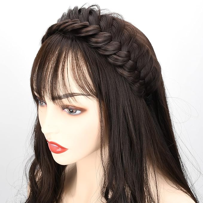 DIGUAN Wide Messy Braided Headband With Teeth Synthetic Hair Plaited Headband High Elasticity Braids Chunky Fishtail Braided Hair Band Hairpiece for Girls Women (Deep Brown)