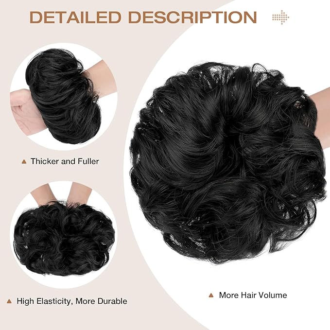 Messy Bun Hair Piece Wavy Curly Scrunchies Fluffy Donut Thick Updo Elegant Chignon Hairpieces for Women Girls, Dark Black 1.4oz