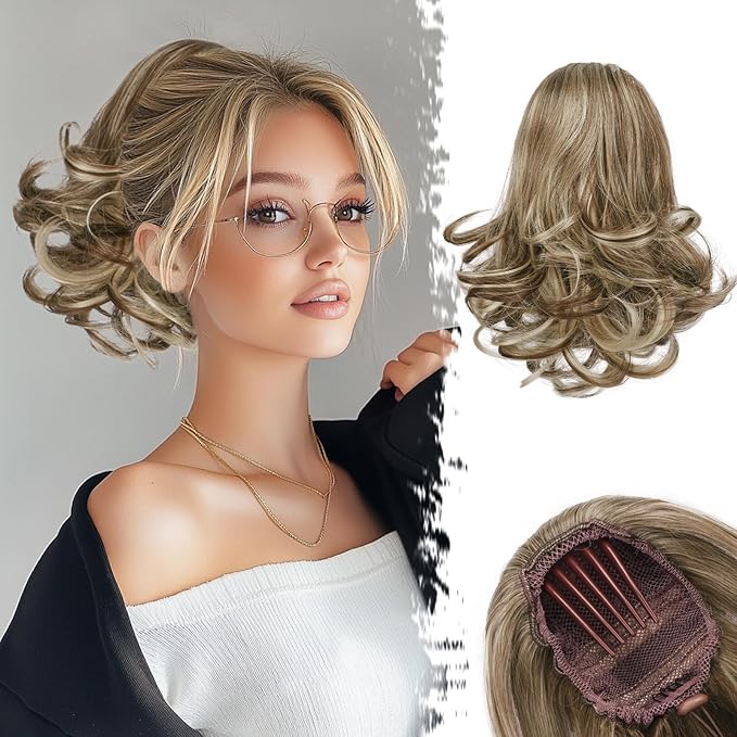 BARSDAR Drawstring Ponytail Extension - 10 Inch Short Wavy Highlight Ponytail Extensions for Women - Synthetic Comb Clip in Ponytail Hairpieces Fake Pony Tails - Medium Brown with Highlights