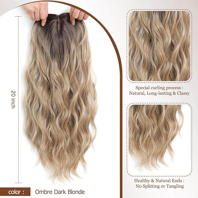 MORICHY Hair Topper for Women with Thinning Hair 20inch Long Wavy HairToppers with Bangs 6.5"x6.5" Large Base Synthetic Wiglets Ombre Dark Blonde