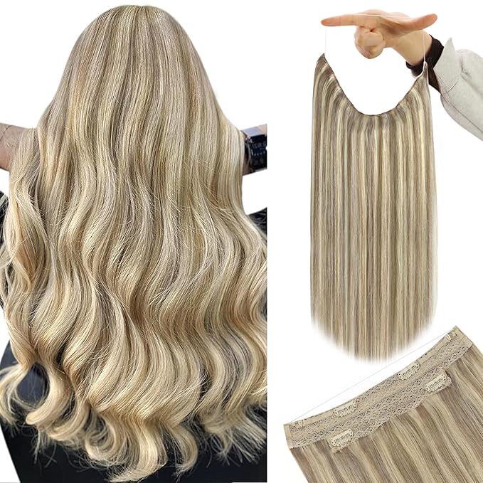YoungSee 120G Wire Hair Extensions Highlight Human Hair Wire Extensions Light Brown Highlight Platinum Blonde Fish Line Human Hair Extensions Straight Hair 16Inch