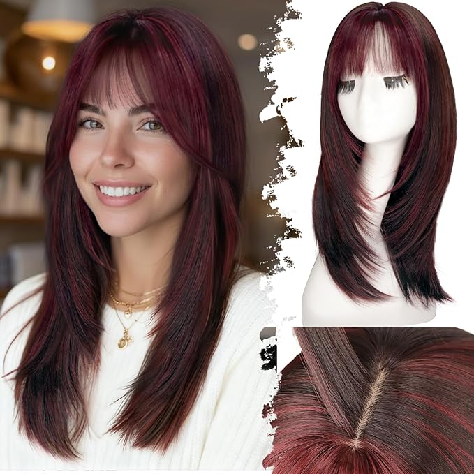 Wig with Bangs for Women Wine Red Brown Mix Straight Face-Framing Layers Hairstyle 4x4 Realistic Scalp Glueless Synthetic Wigs Medium Length for Everyday Use