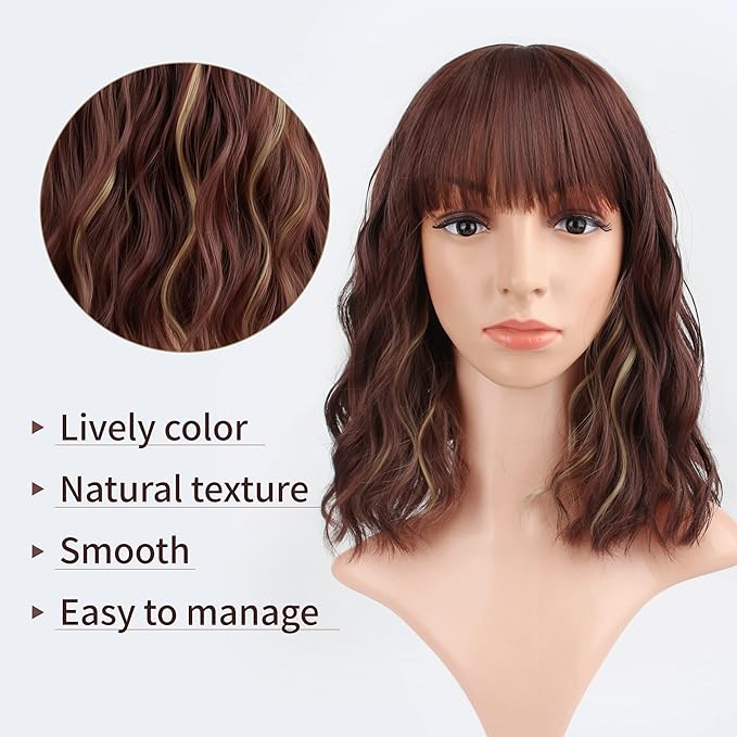 FAELBATY Short Brown Wig Highlight Gold Wigs With Bangs Women's Reddish Brown Mixed Blonde Bob Wig Curly Wavy Synthetic Cosplay Wig Shoulder Length Wig for Girl's Costume Wigs (12" 33/27)