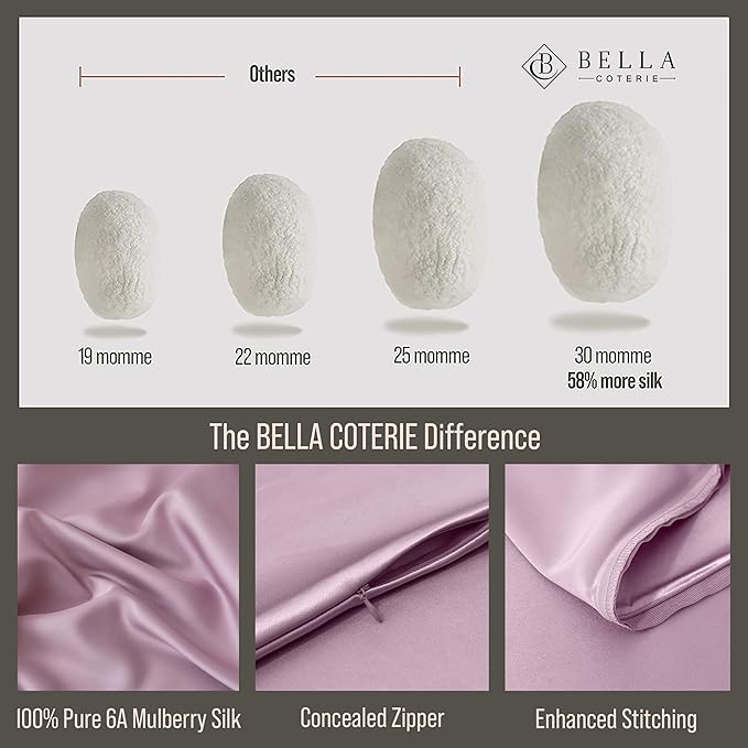Bella Coterie Luxury Silk Pillowcase for Hair and Skin | 30 Momme | 100% Pure 6A Mulberry Silk | Super Soft | Perfectly Plush [Queen, Lilac]