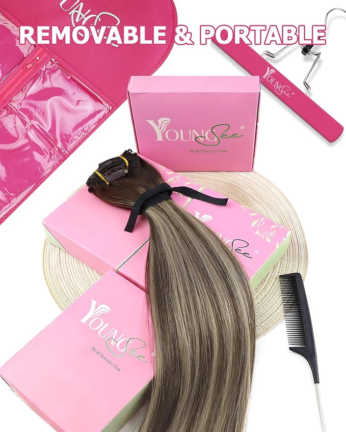 YoungSee Clip in Hair Extensions Real Human Hair Balayage Brown Clip in Real Hair Extensions Chocolate Brown with Ash Blonde Balayage Clip Extension Silky Straight for Women 18In 120G 7Pcs
