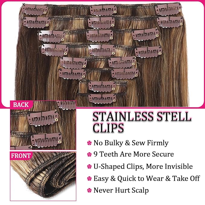 Clip in Hair Extensions Kinky Human Hair 110g Remy Human Hair Clip on Extensions 8pcs 18 Inch Soft Hair for Fashion Women 18Clips/Set Chocolate Brown to Honey Blonde Hair Extensions (#P427)