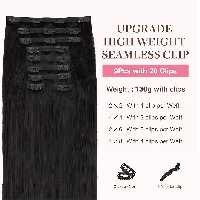 GOO GOO Clip in Hair Extensions Real Human Hair, Remy Human Hair Extensions Clip ins for Women, Natural Human Hair, 14inch 130g 9Pcs, 1B Natural black