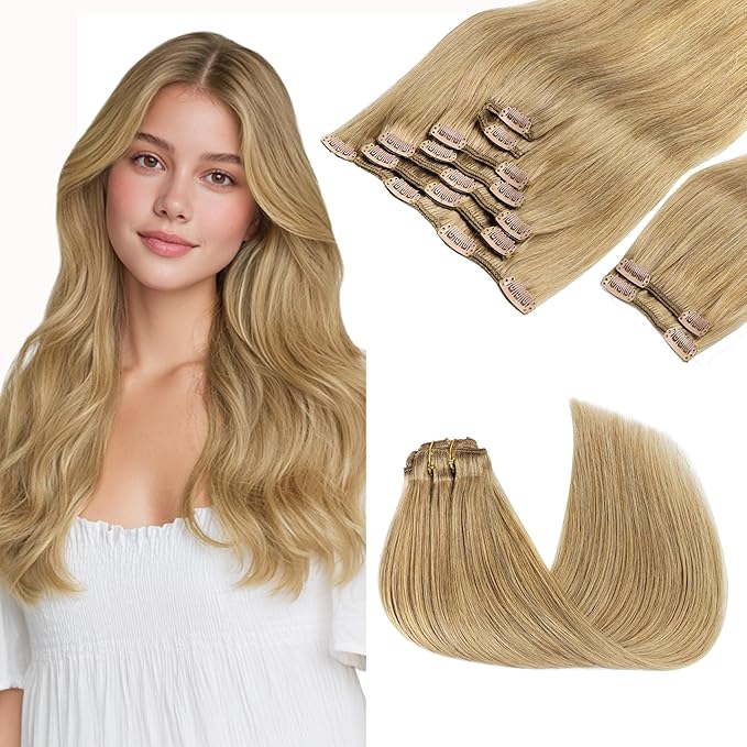 GOO GOO Clip in Hair Extensions Real Human Hair, Remy Human Hair Extensions Clip ins for Women, Natural Human Hair, 14inch 150g 9Pcs, 7 Bronde