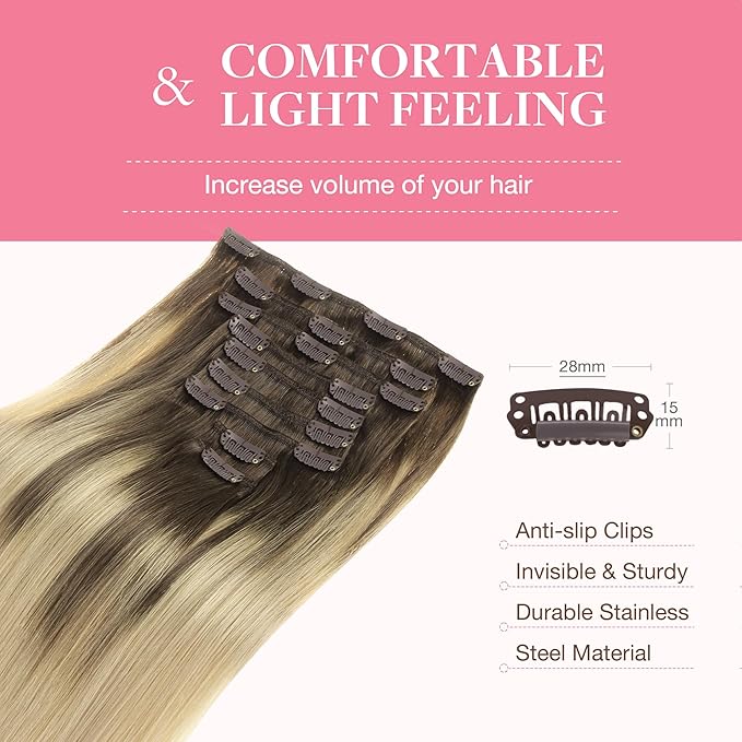 GOO GOO Clip in Hair Extensions Real Human Hair, Remy Human Hair Extensions Clip ins for Women, Natural Human Hair, 22inch 150g 9Pcs, 4/18 Balayage Chocolate Brown Highlighted Dirty Blonde