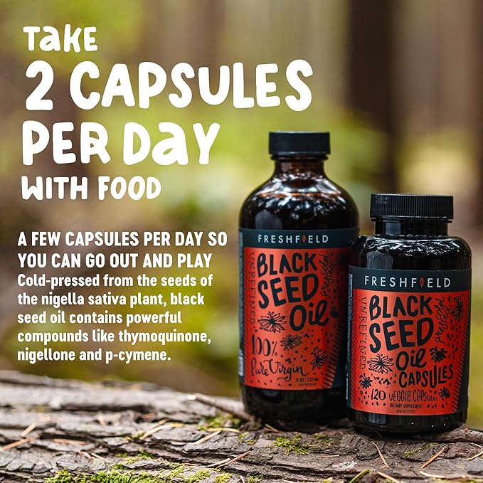 Freshfield Black Seed Oil: Thymoquinone, Premium (Black Cumin Seed Oil, Nigella Sativa) | Cold Pressed | Vegan | Ultra Strength | Pure and 100% Natural. (120 Capsules)