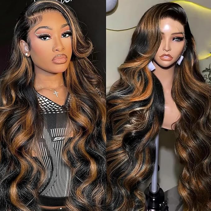 Highlight Ombre Lace Front Wigs Human Hair Body Wave 9x6 Lace Frontal Wigs Pre Plucked Colored 1B/30 Brown Highlight Wig 36 Inch Balayage Wigs Glueless Wigs Human Hair for Women