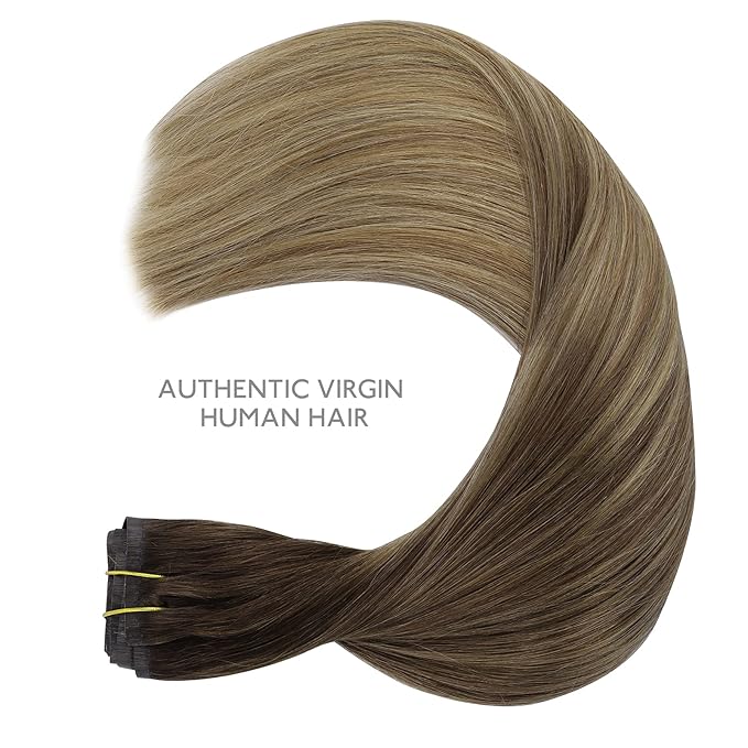 WENNALIFE Seamless Clip In Hair Extensions, 14 Inch 7pcs 130g Ombre Walnut Brown to Ash Brown and Bleach Blonde Real Human Hair Extensions