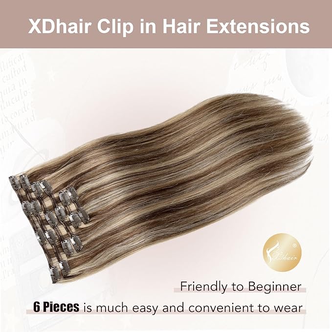 XDhair Clip In Hair Extensions Remy Human Hair 120g 20 Inch Medium Brown #4 Mixed to Caramel Blonde #27 Clip In Real Hair Silk Stright 6Pcs (#4P27,20Inch)
